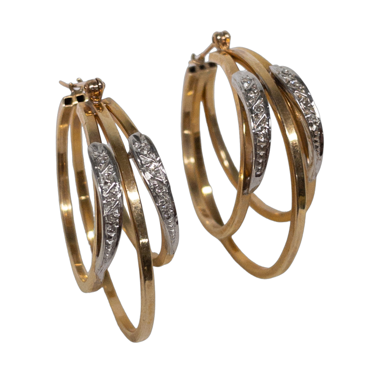 14k Gold And Clear Stone Triple Hoop Earrings