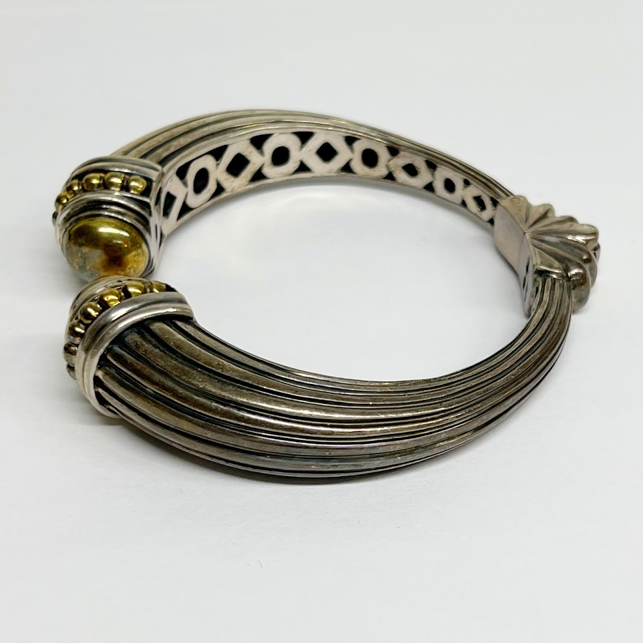 Sterling Silver, 18K Gold Caviar Hinged Cuff Bracelet 2