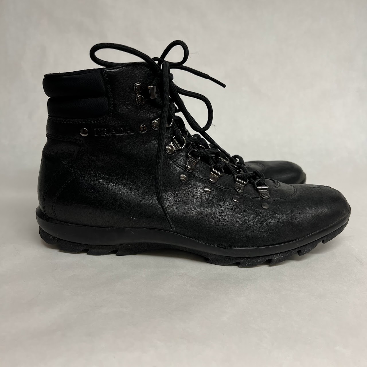 Prada Black Leather Hiking Boots