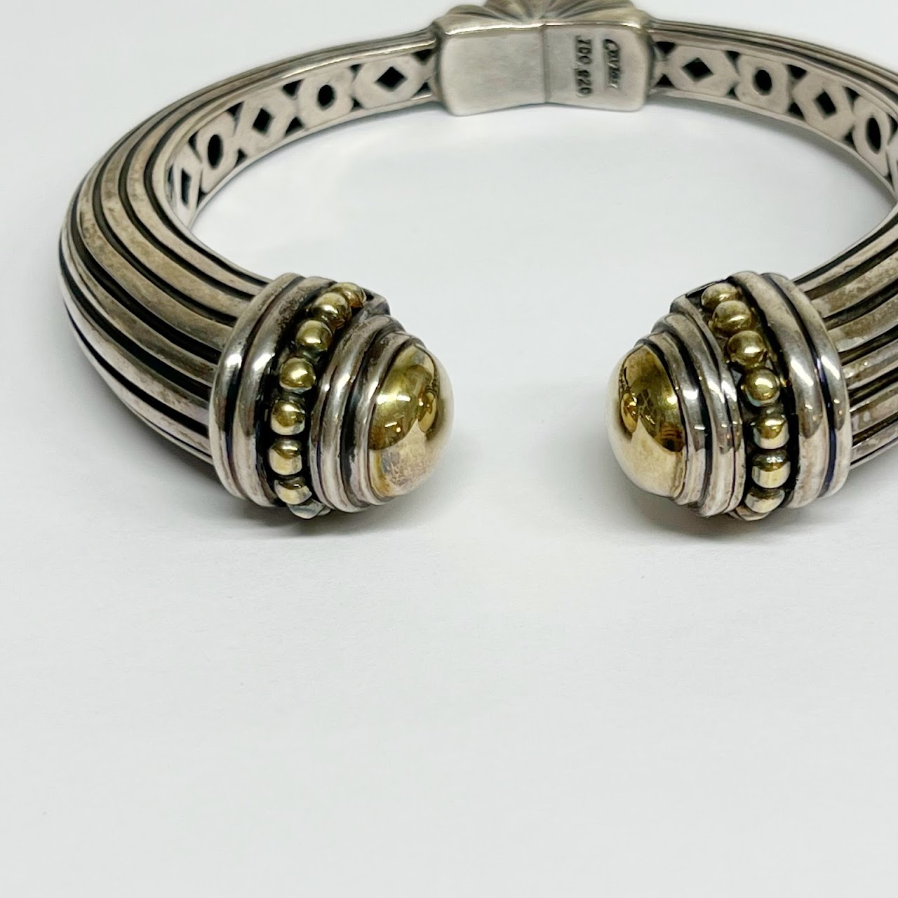 Sterling Silver, 18K Gold Caviar Hinged Cuff Bracelet 1