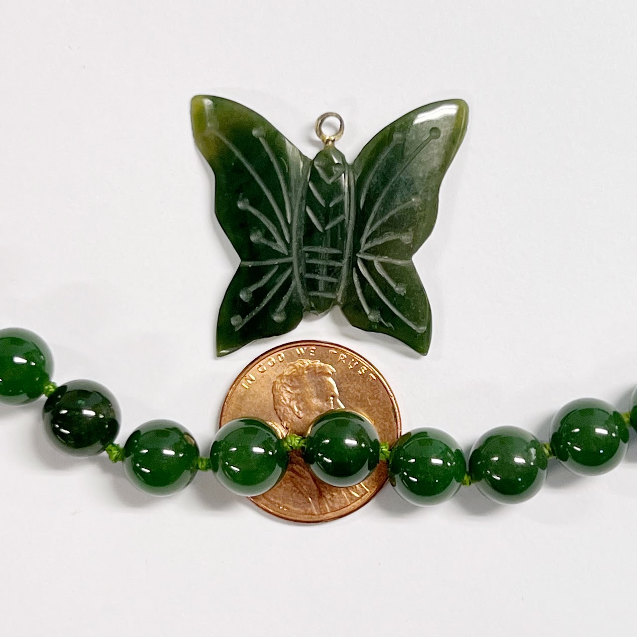 Jade Beaded Necklace and Butterfly Pendant