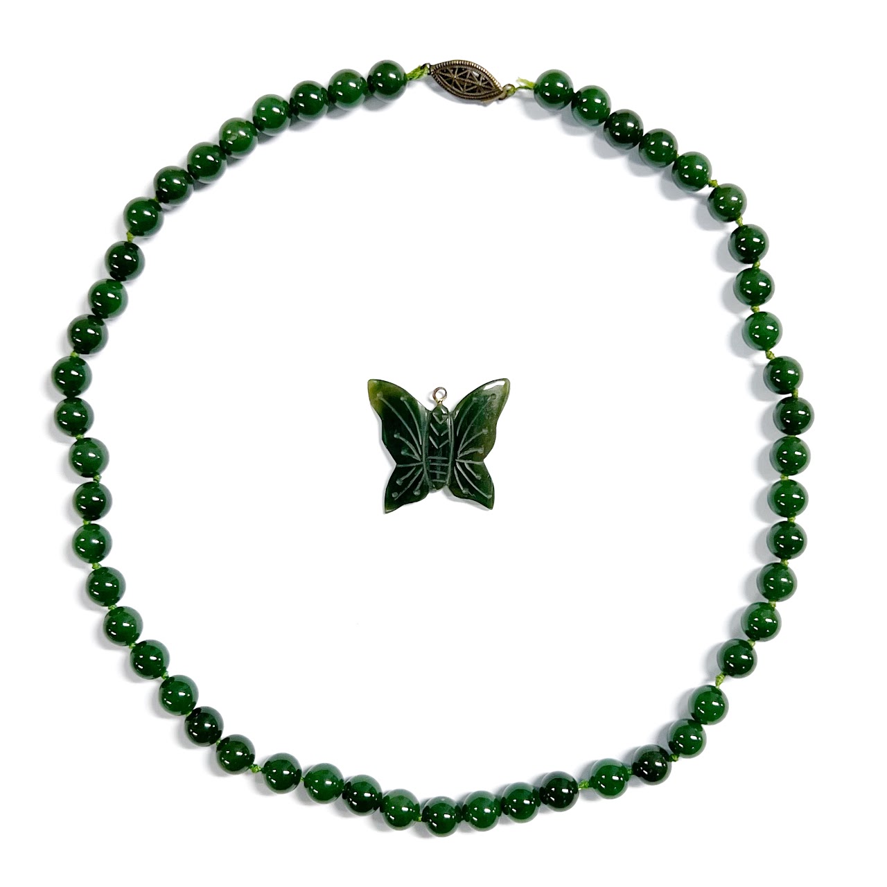 Jade Beaded Necklace and Butterfly Pendant