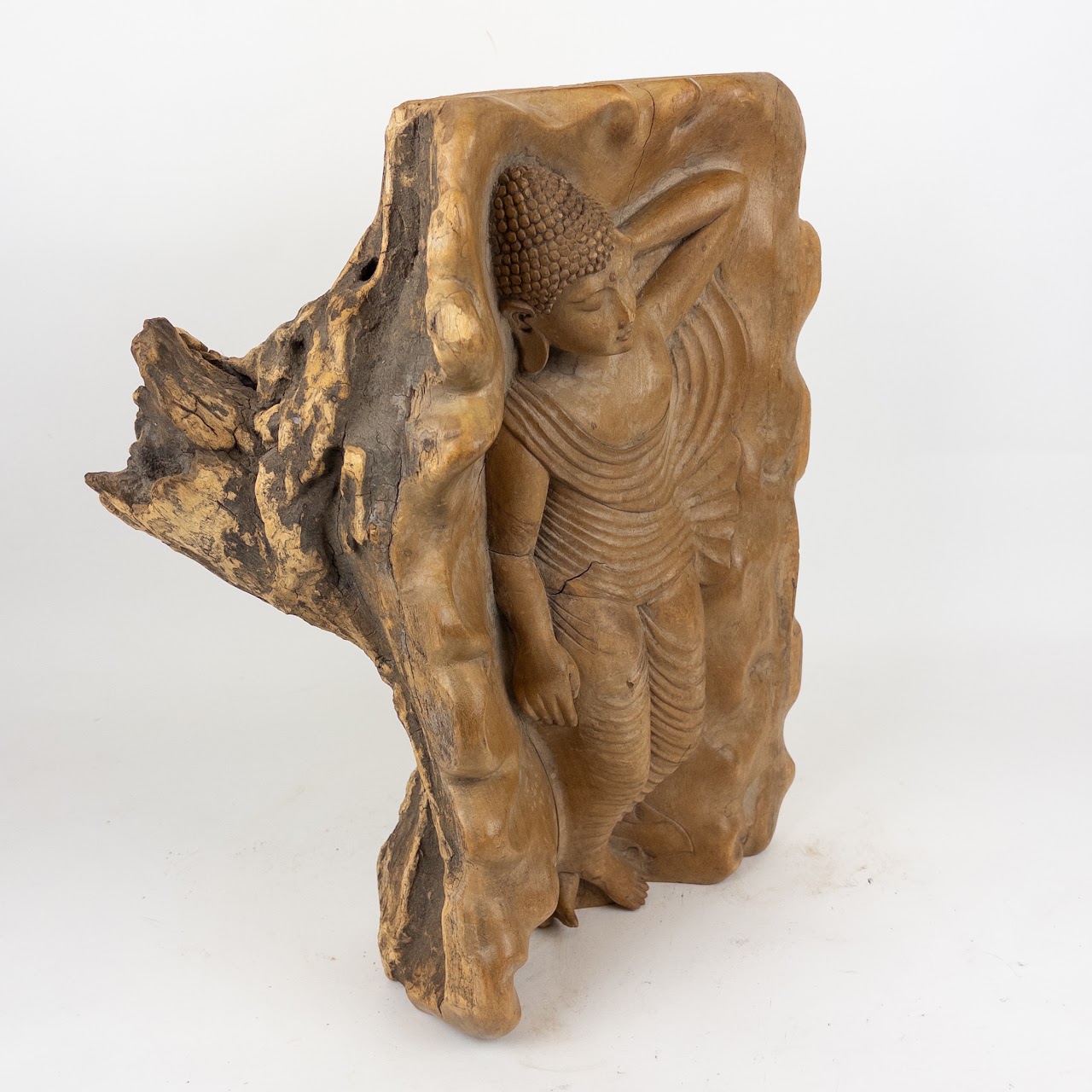 Carved Wood Stump Buddha Relief Statue