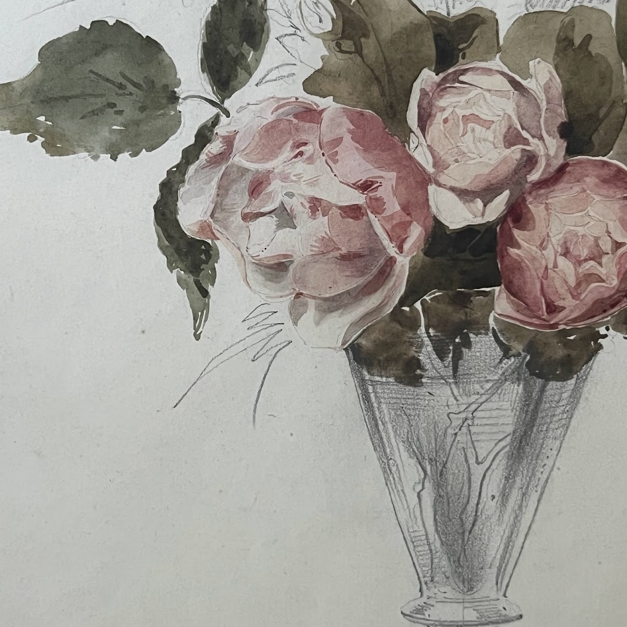 Still Life with Peonies Watercolor and Pencil Painting