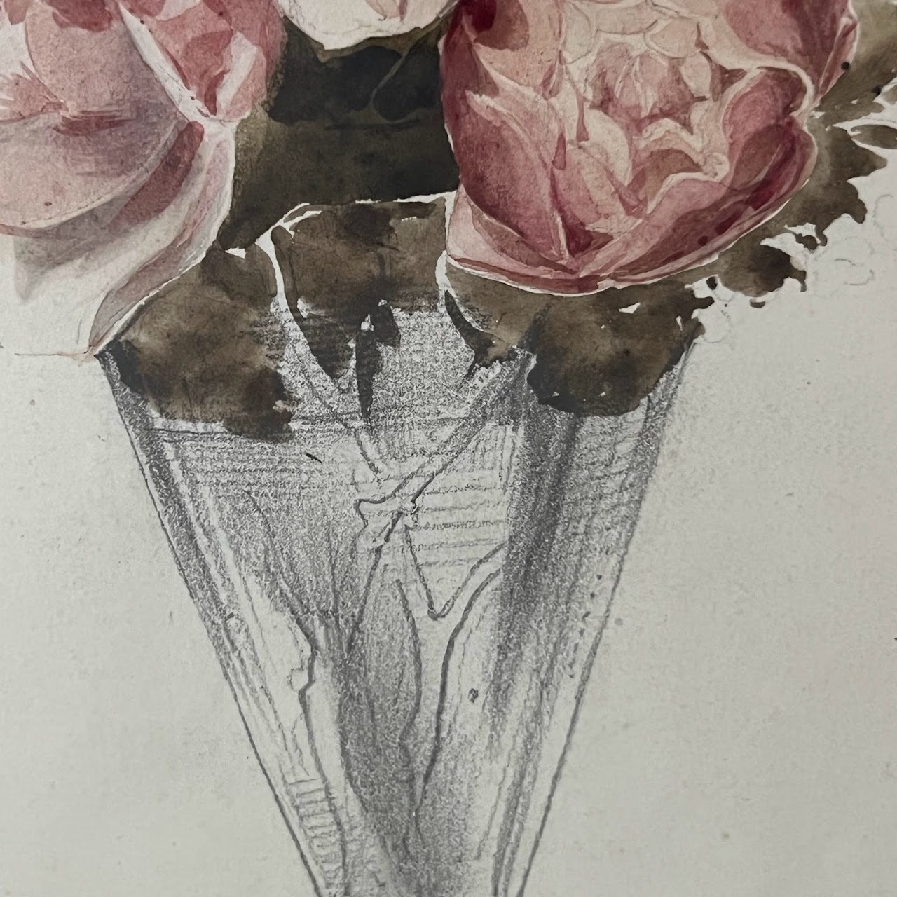 Still Life with Peonies Watercolor and Pencil Painting