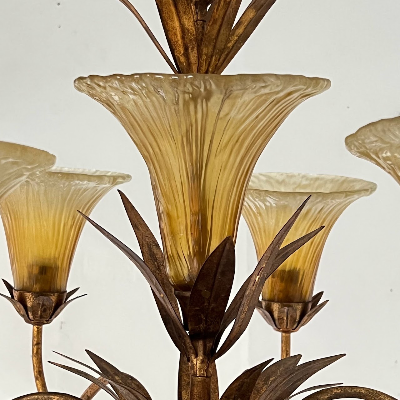 Gilt Metal and Glass Seven Light Chandelier