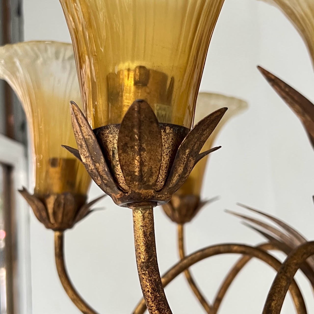 Gilt Metal and Glass Seven Light Chandelier