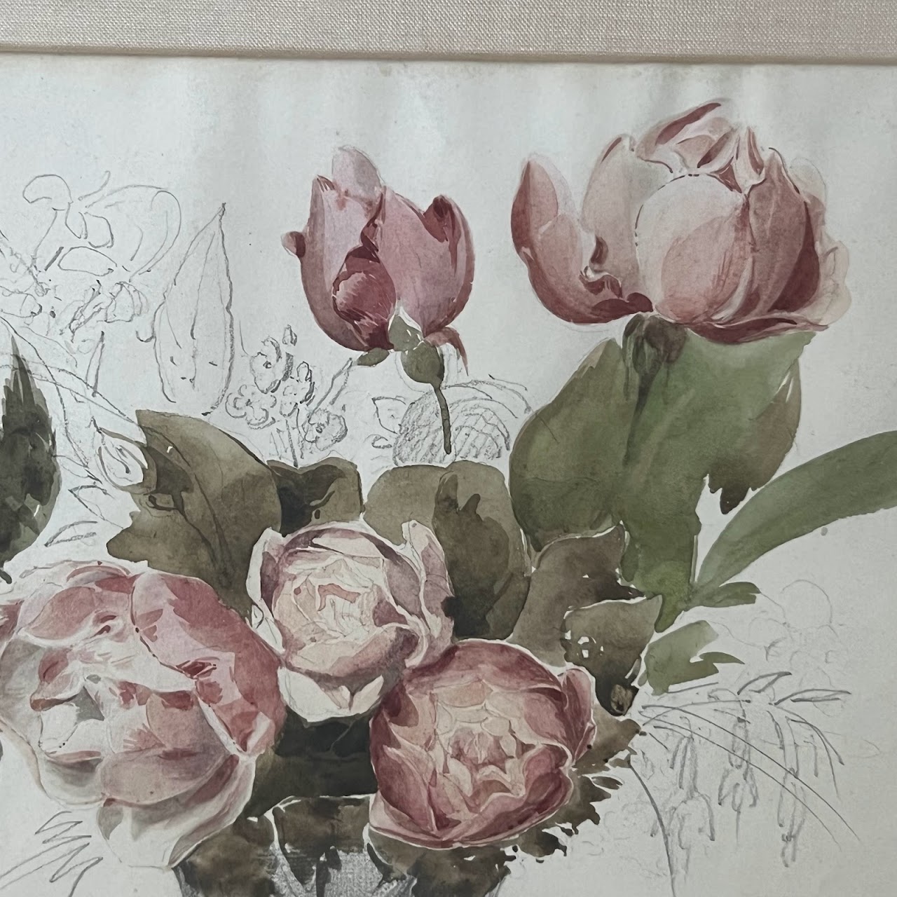 Still Life with Peonies Watercolor and Pencil Painting