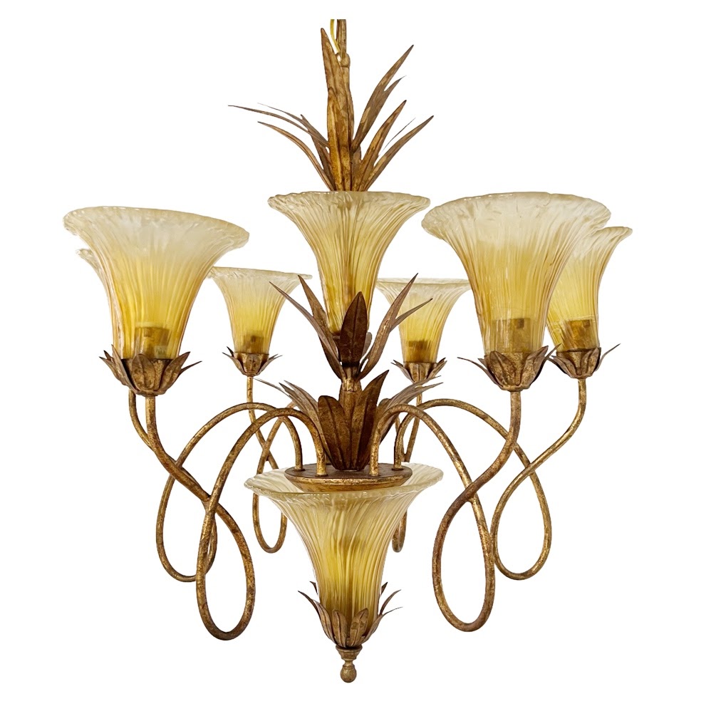 Gilt Metal and Glass Seven Light Chandelier