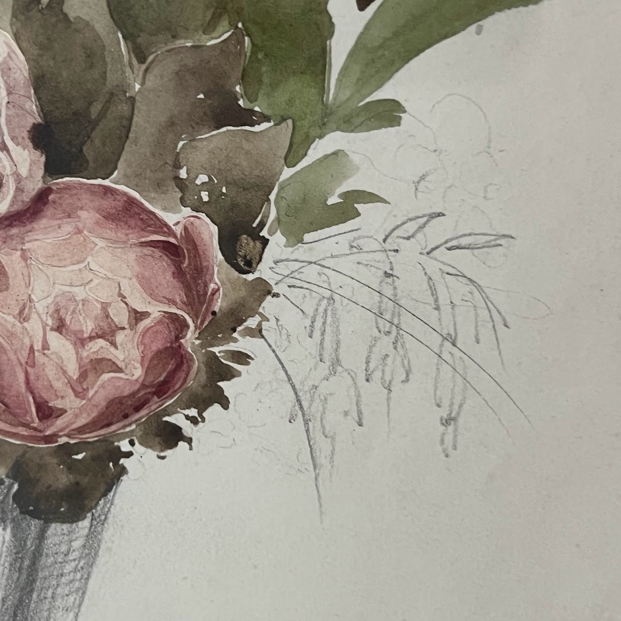 Still Life with Peonies Watercolor and Pencil Painting