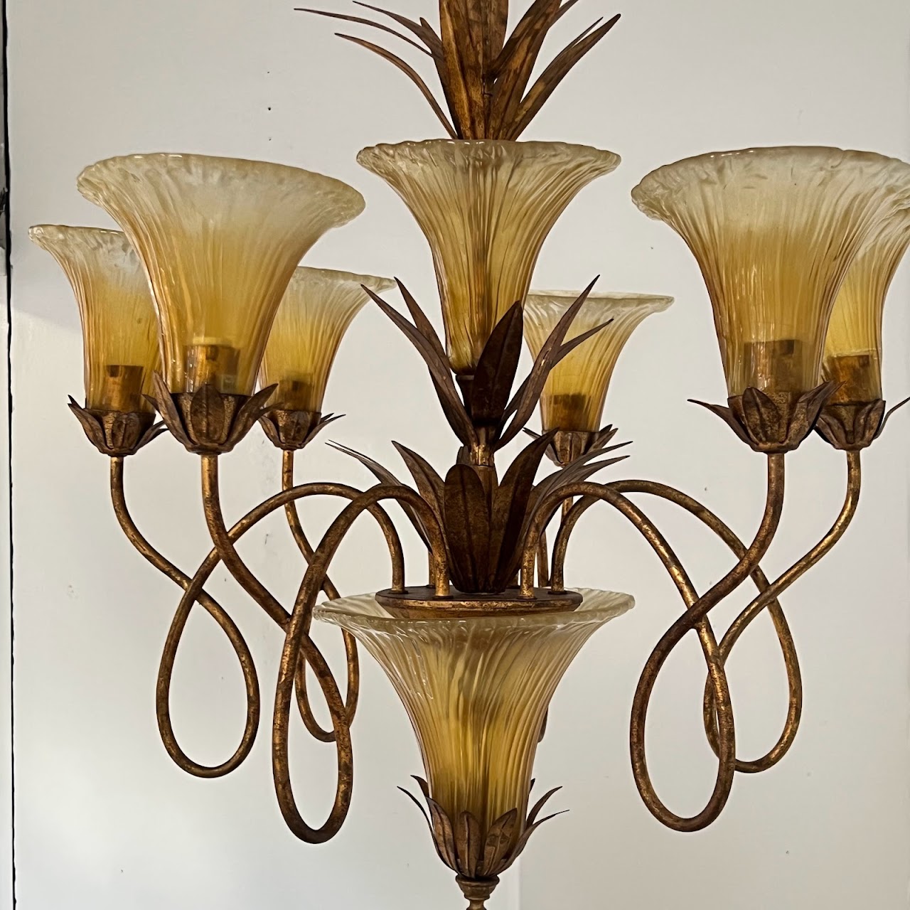 Gilt Metal and Glass Seven Light Chandelier