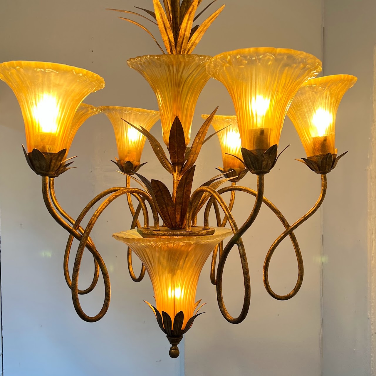 Gilt Metal and Glass Seven Light Chandelier