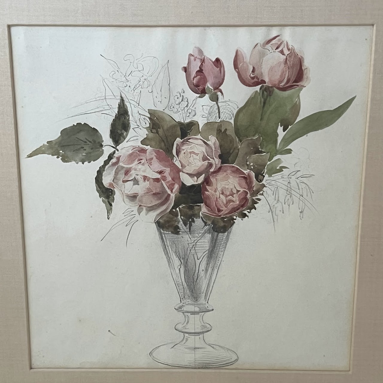 Still Life with Peonies Watercolor and Pencil Painting