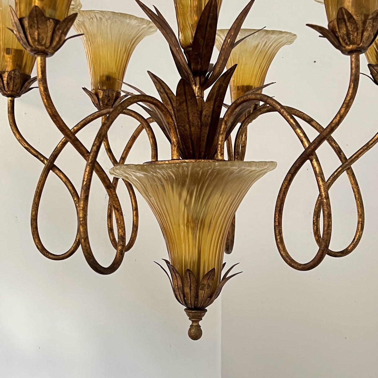 Gilt Metal and Glass Seven Light Chandelier