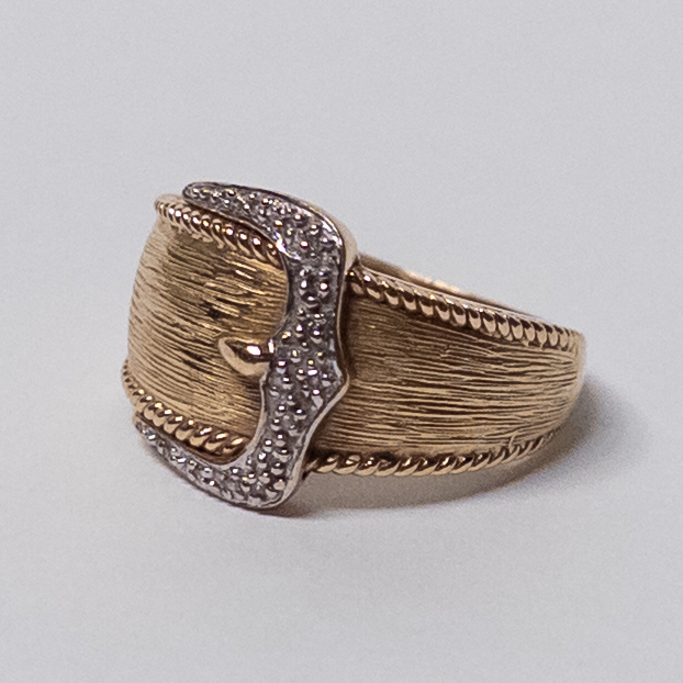 14K Brushed Gold and Diamond Buckle  Ring