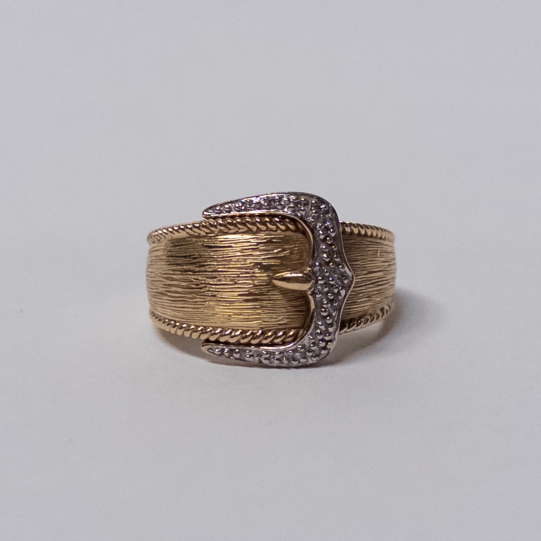 14K Brushed Gold and Diamond Buckle  Ring