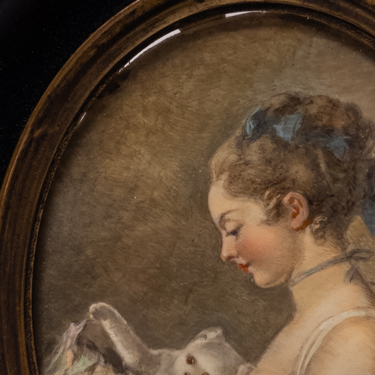 Lady and Cat Victorian Era Small Tempera Painting