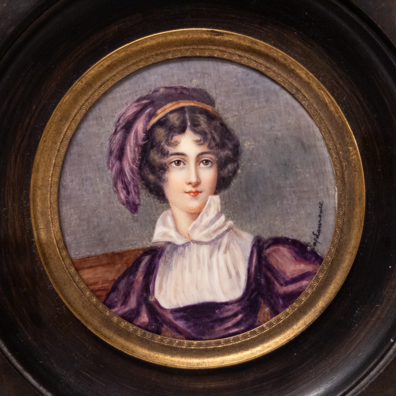 Signed Victorian Lady in Purple Small Tempera Painting