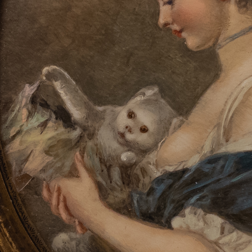 Lady and Cat Victorian Era Small Tempera Painting