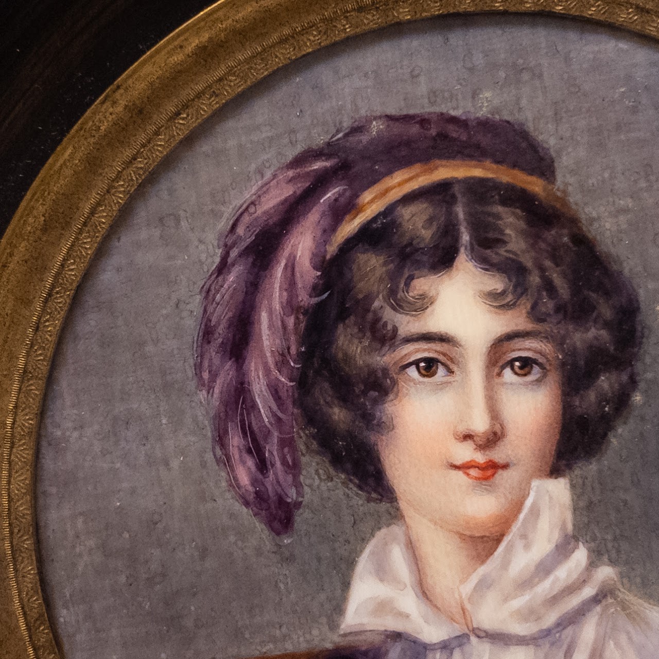 Signed Victorian Lady in Purple Small Tempera Painting