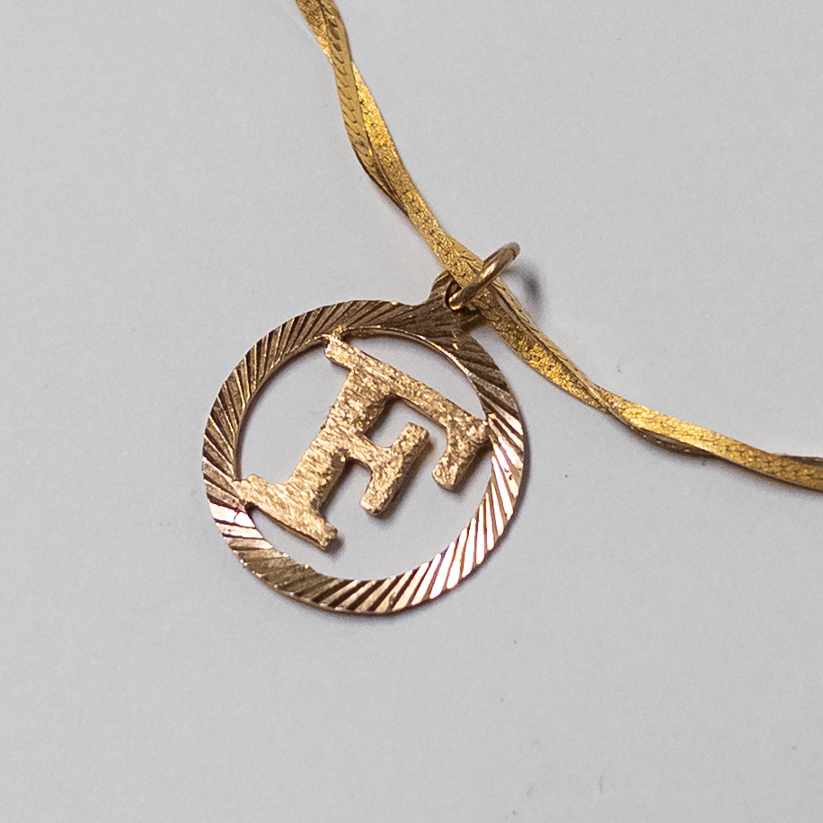 14K Gold Dual Strand Herringbone Necklace with 14K Gold 'F' Pendant