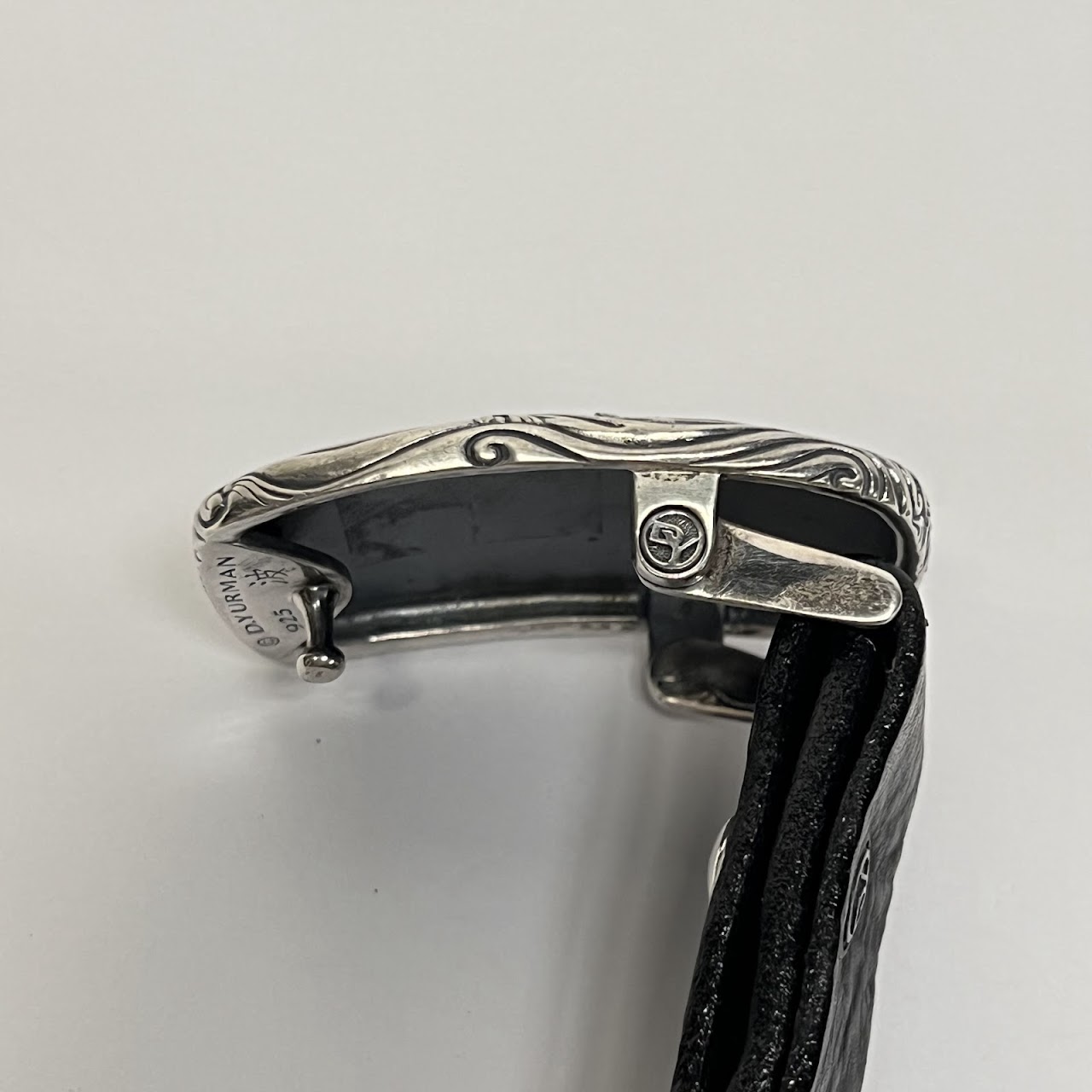 David Yurman Sterling Silver and Black Leather Waves Belt