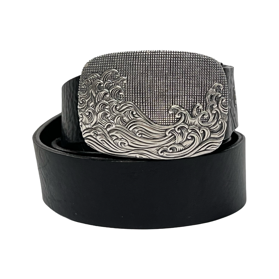 David Yurman Sterling Silver and Black Leather Waves Belt