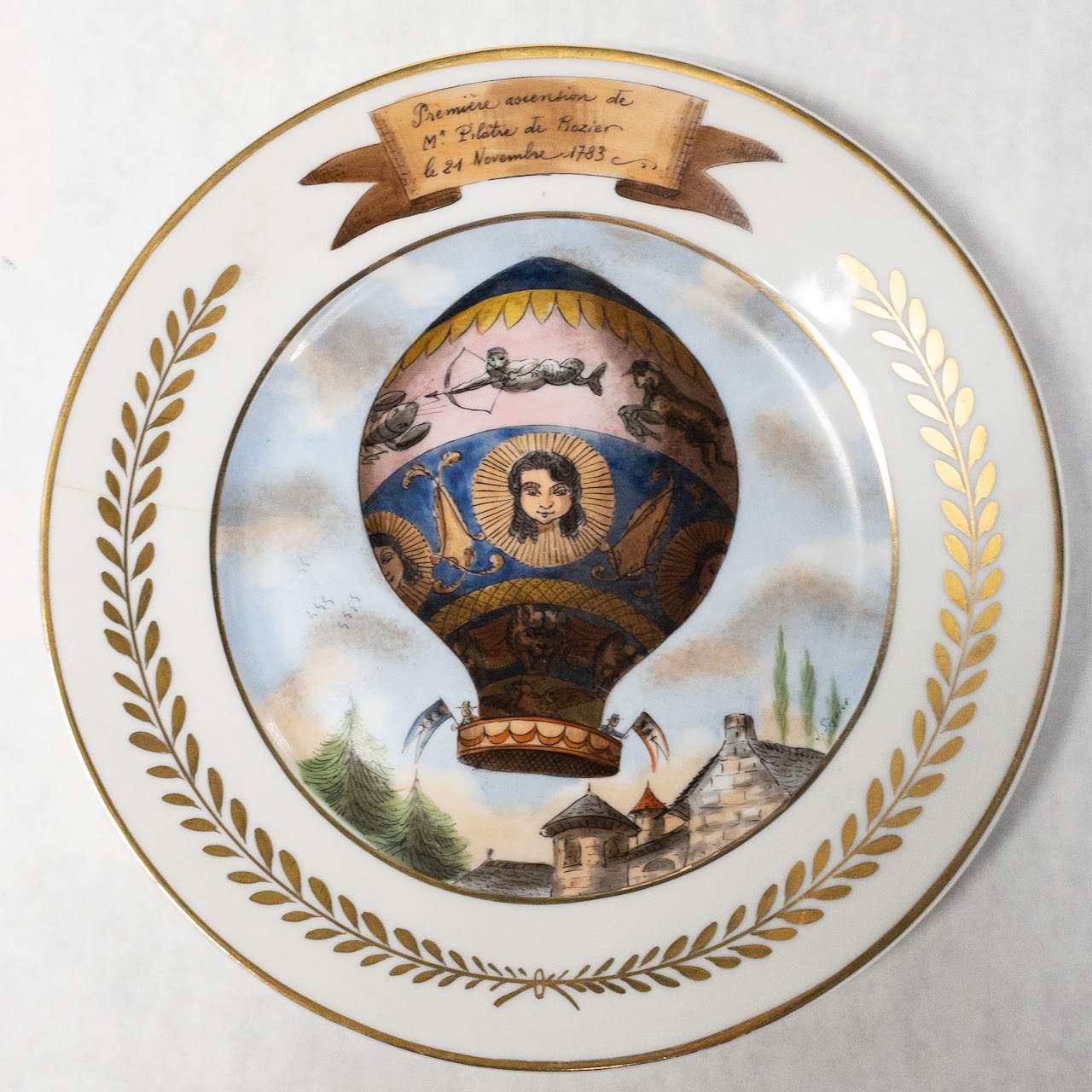 Mid-19th Century Antique French Signed Hot Air Balloon Plate Set