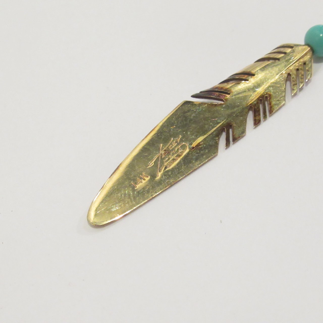 14K Gold and Turquoise Feather Pendant