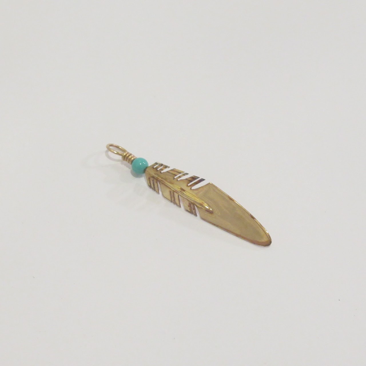 14K Gold and Turquoise Feather Pendant