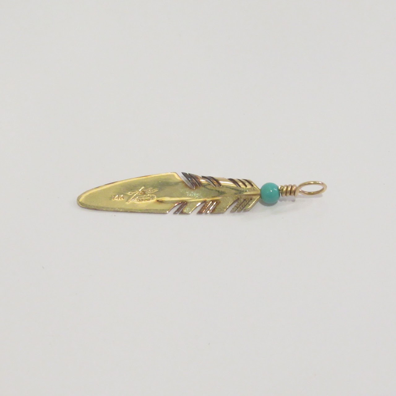 14K Gold and Turquoise Feather Pendant