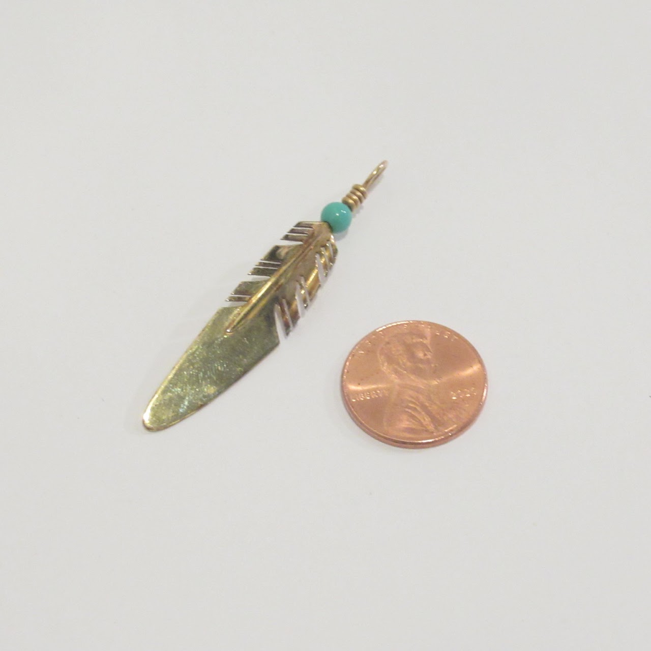 14K Gold and Turquoise Feather Pendant