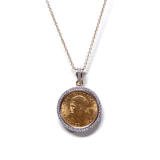 1930 Gold Sovereign Coin in 14K Gold and Diamond Pendant Necklace