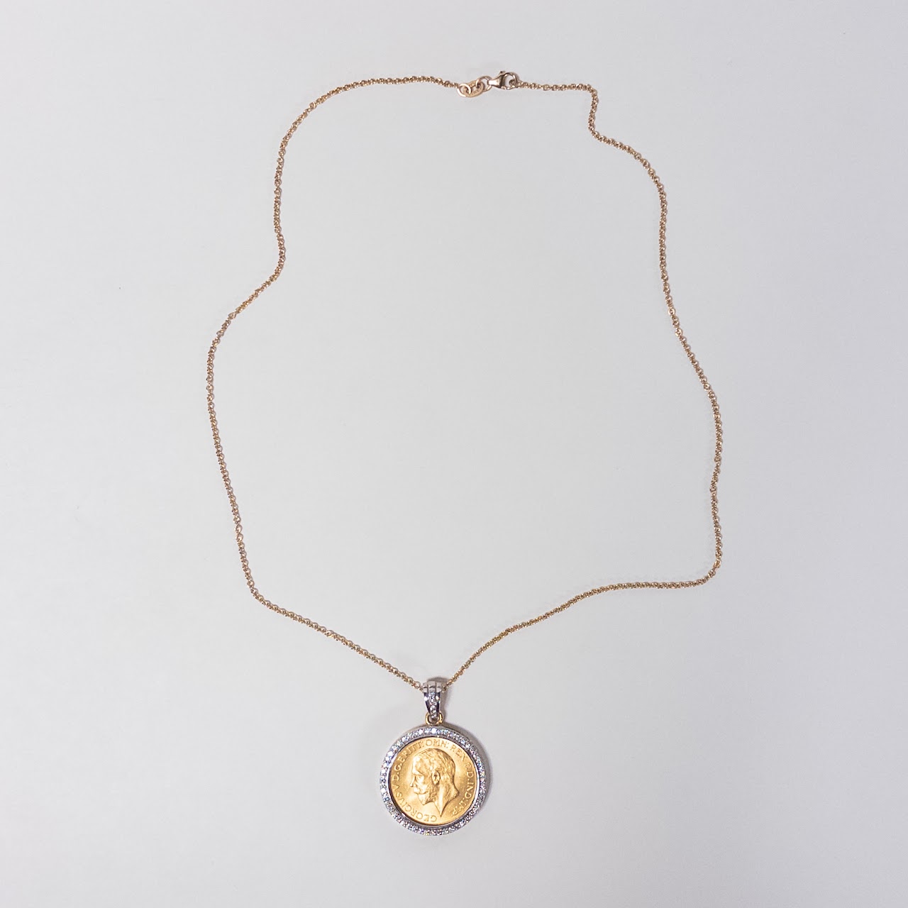 1930 Gold Sovereign Coin in 14K Gold and Diamond Pendant Necklace