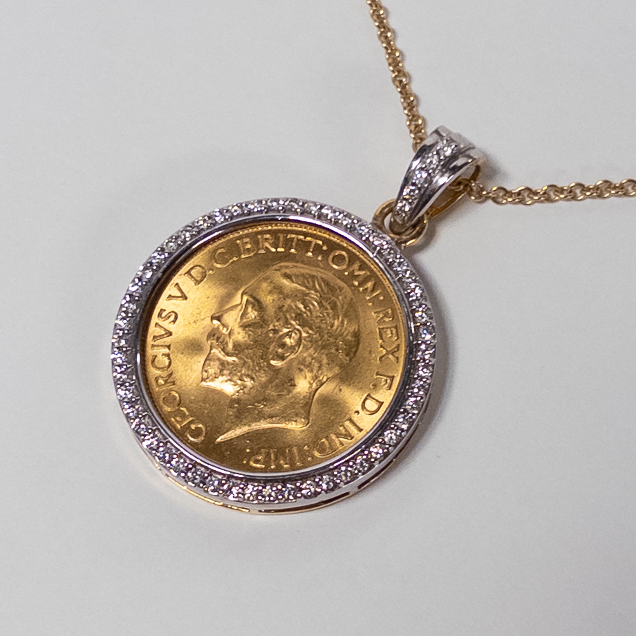 1930 Gold Sovereign Coin in 14K Gold and Diamond Pendant Necklace