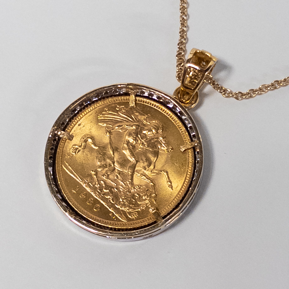 1930 Gold Sovereign Coin in 14K Gold and Diamond Pendant Necklace