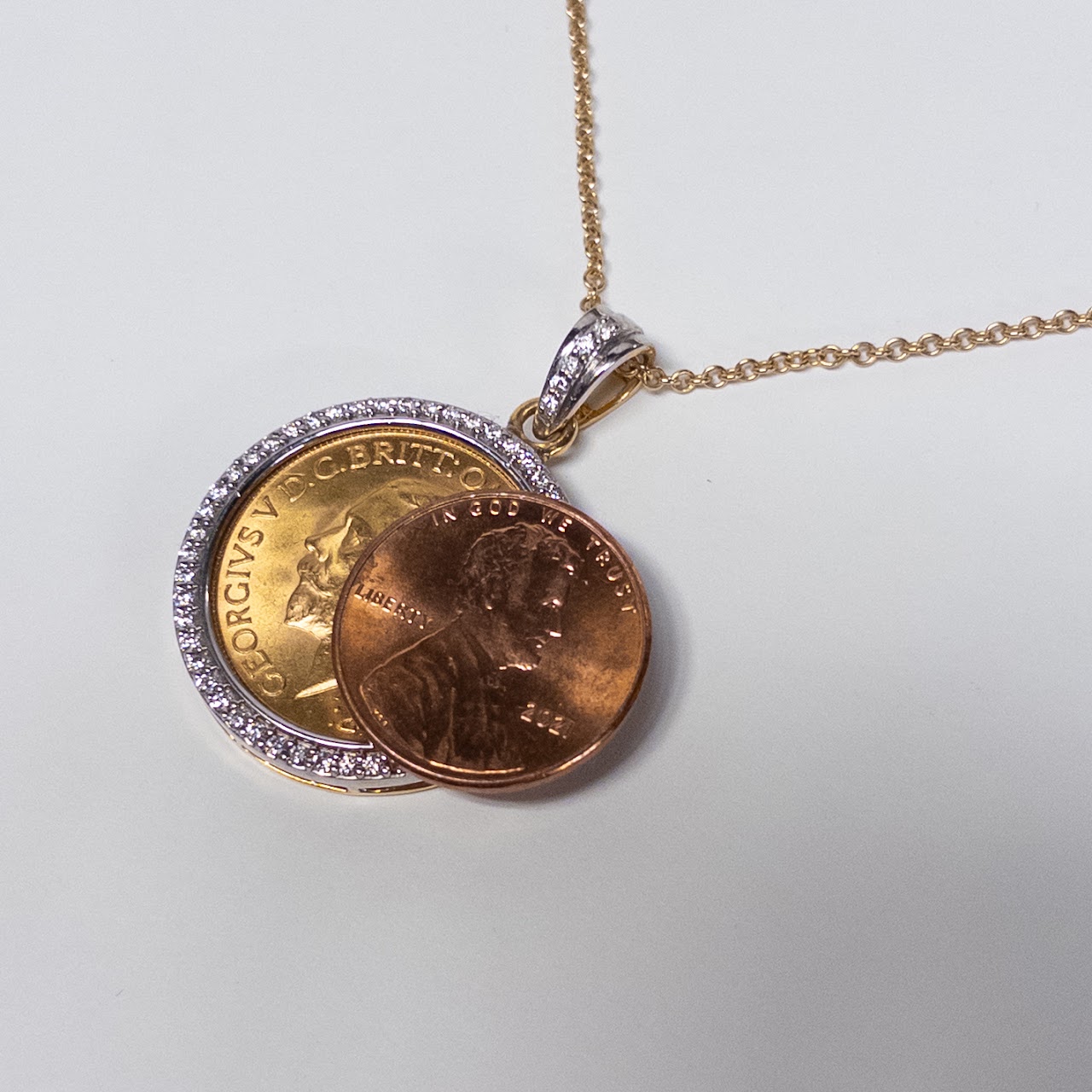 1930 Gold Sovereign Coin in 14K Gold and Diamond Pendant Necklace