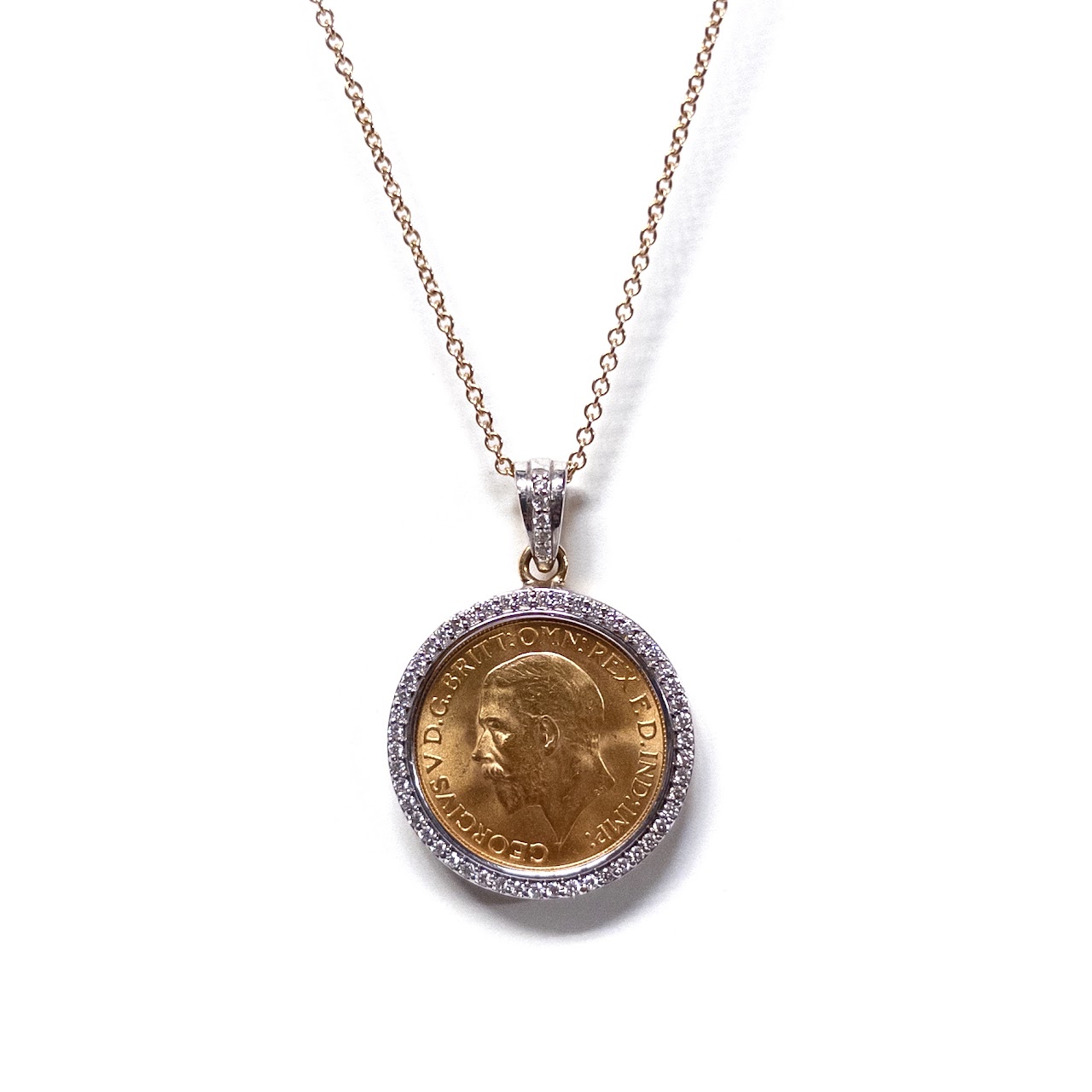 1930 Gold Sovereign Coin in 14K Gold and Diamond Pendant Necklace