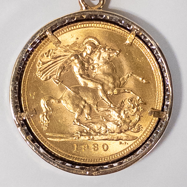 1930 Gold Sovereign Coin in 14K Gold and Diamond Pendant Necklace