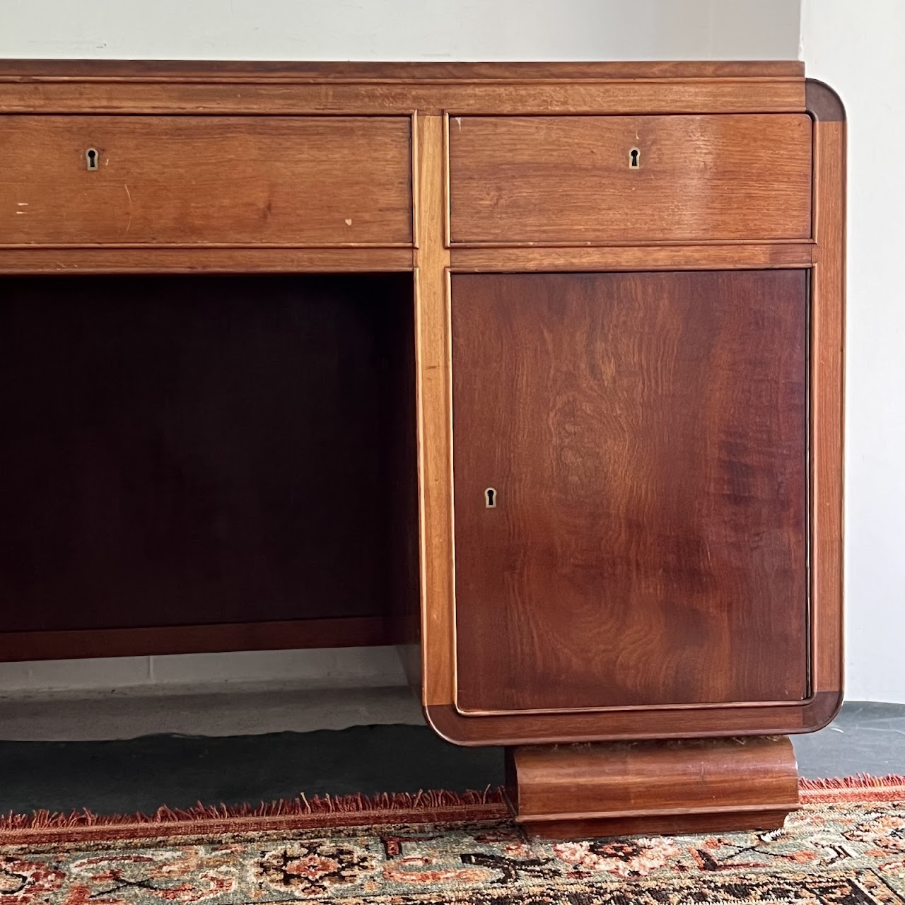 Art Deco Walnut Executive Desk with Sliding Glass Door Bookshelf Back