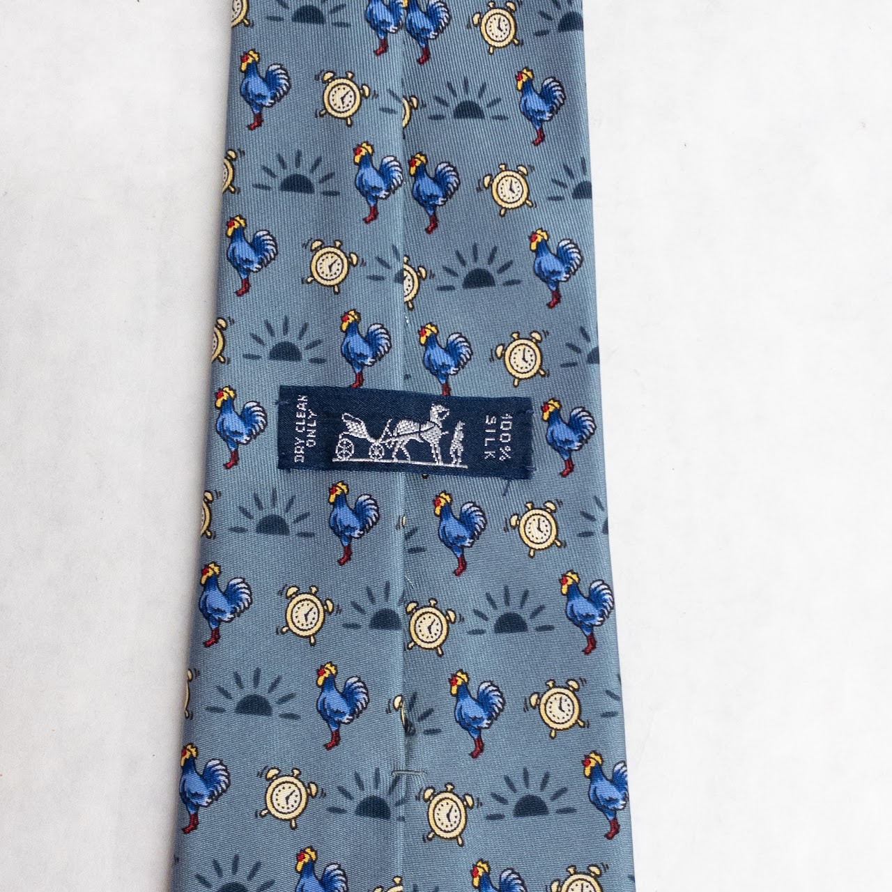 Hermès Silk Twill Rooster and Alarm Clock Pattern Tie