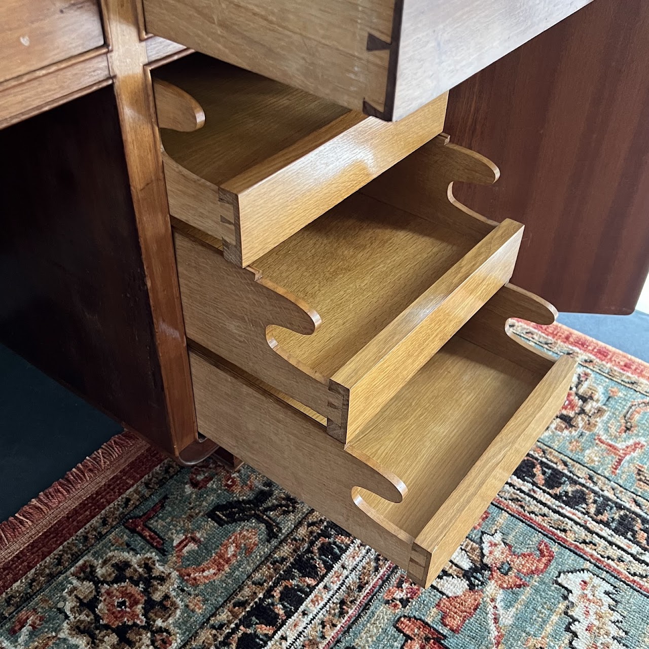 Art Deco Walnut Executive Desk with Sliding Glass Door Bookshelf Back