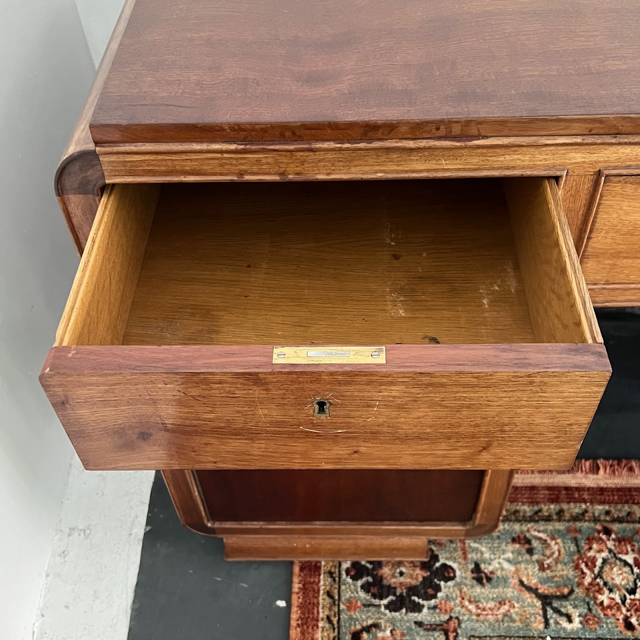 Art Deco Walnut Executive Desk with Sliding Glass Door Bookshelf Back