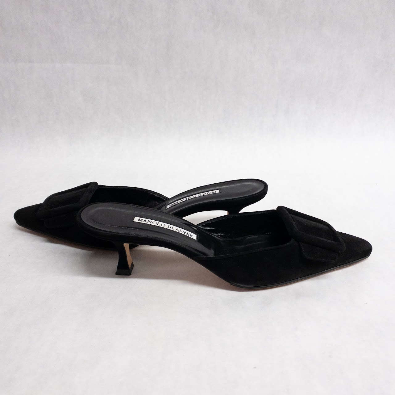 Manolo Blahnik Black Suede Buckle Mules