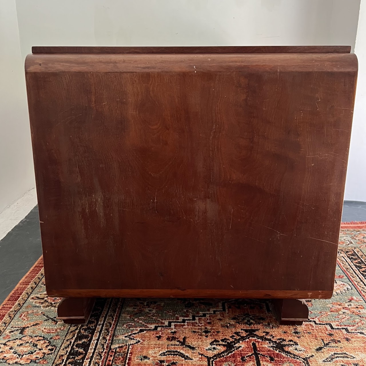 Art Deco Walnut Executive Desk with Sliding Glass Door Bookshelf Back