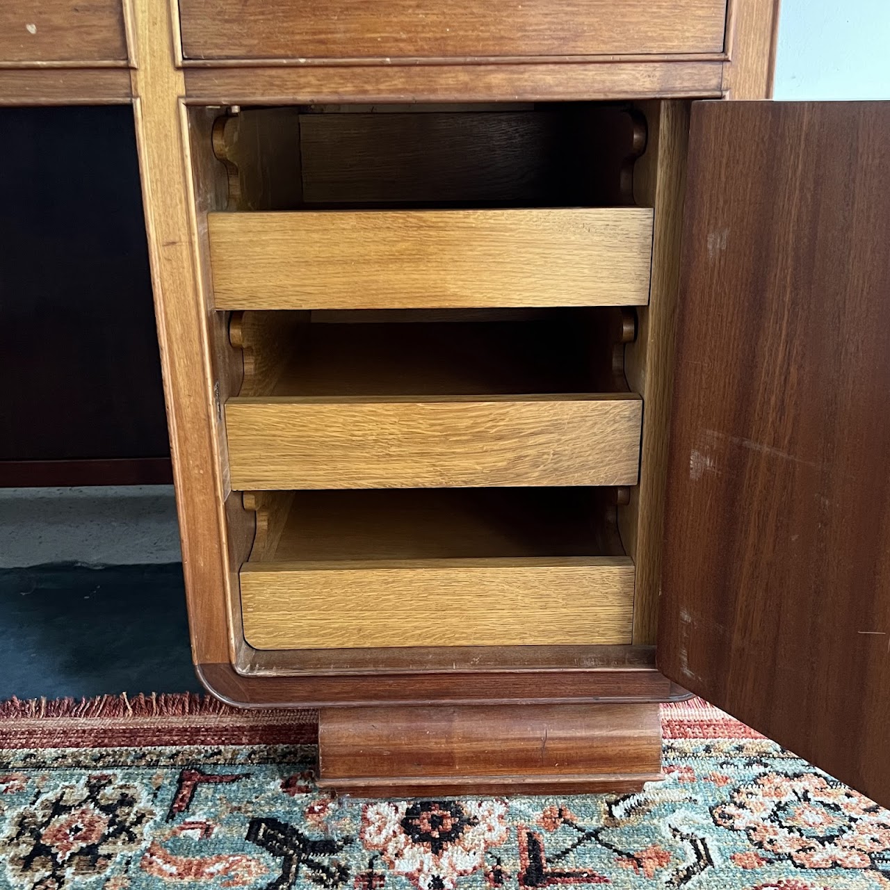 Art Deco Walnut Executive Desk with Sliding Glass Door Bookshelf Back