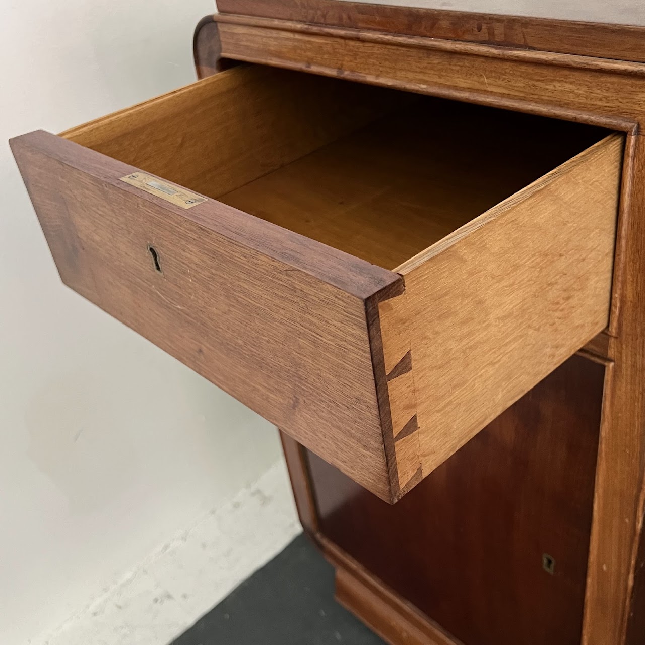 Art Deco Walnut Executive Desk with Sliding Glass Door Bookshelf Back