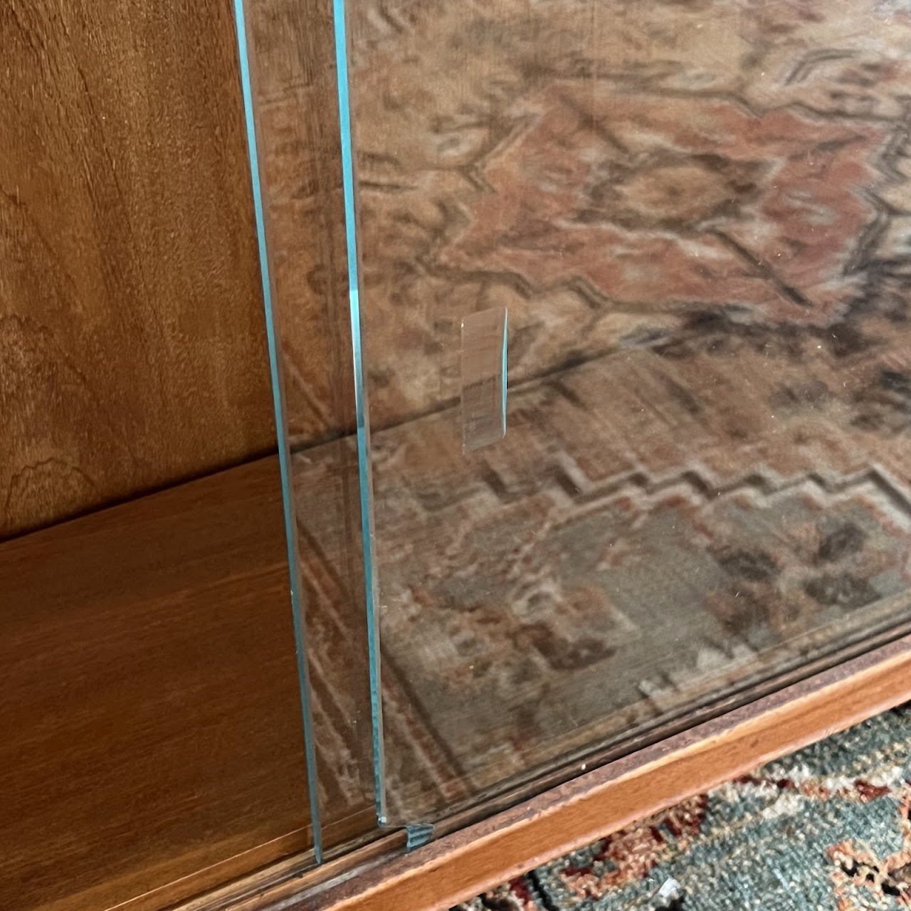 Art Deco Walnut Executive Desk with Sliding Glass Door Bookshelf Back