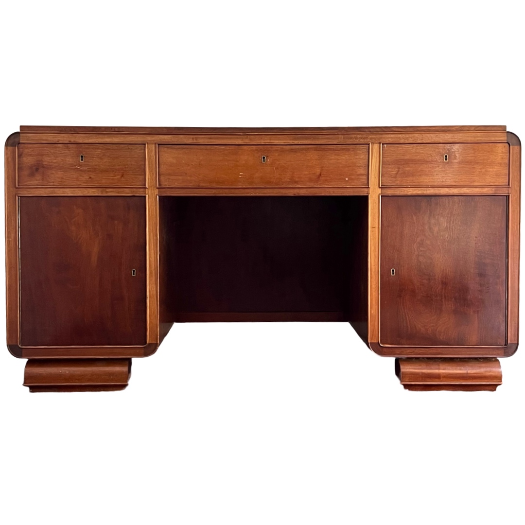 Art Deco Walnut Executive Desk with Sliding Glass Door Bookshelf Back