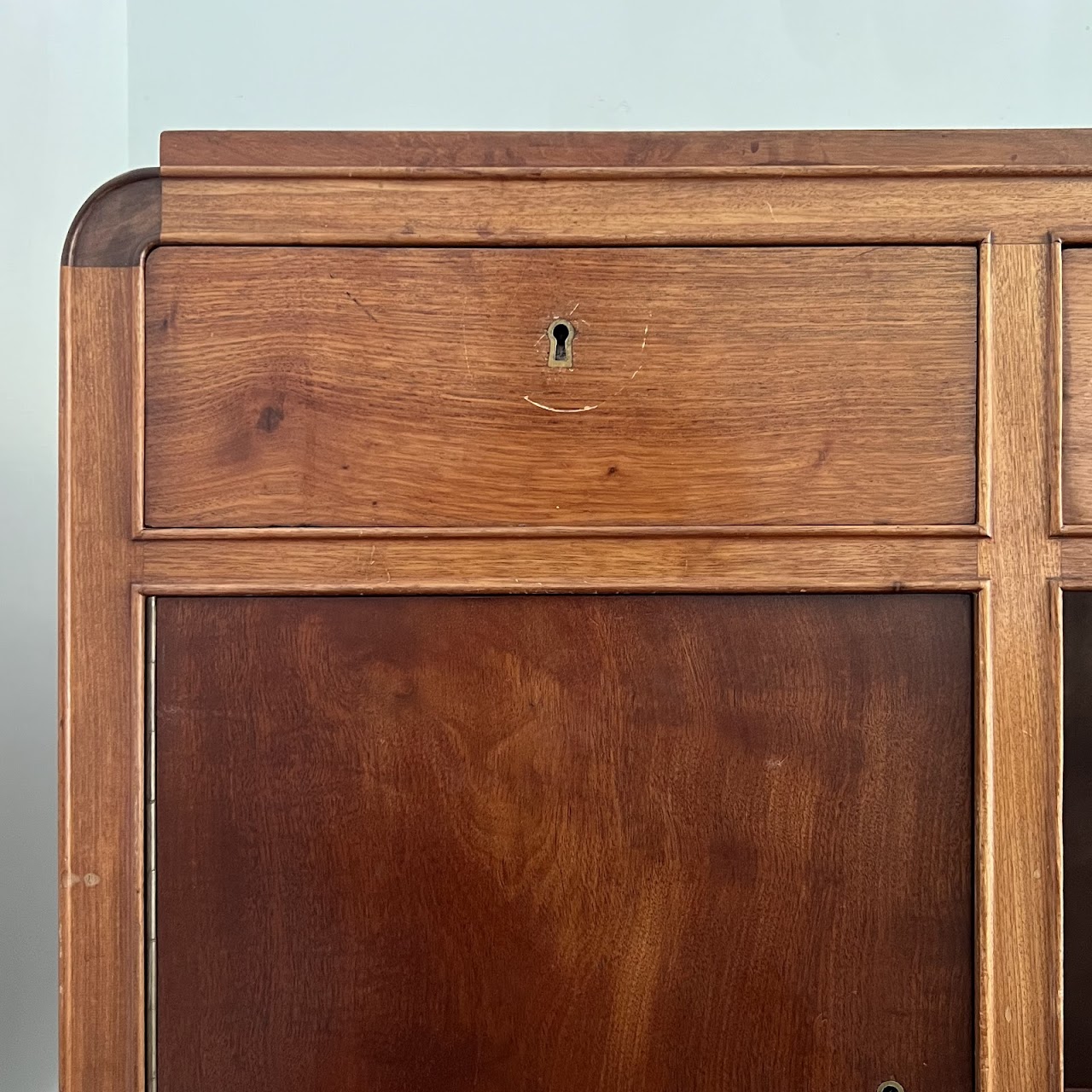 Art Deco Walnut Executive Desk with Sliding Glass Door Bookshelf Back